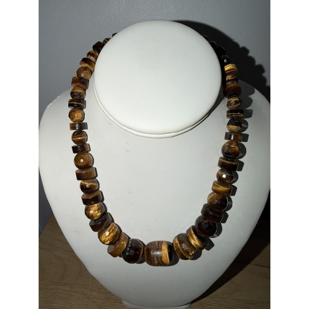 Sterling Silver 925 Tiger's Eye Faceted Graduated Beaded Chunky‎ Necklace Chain